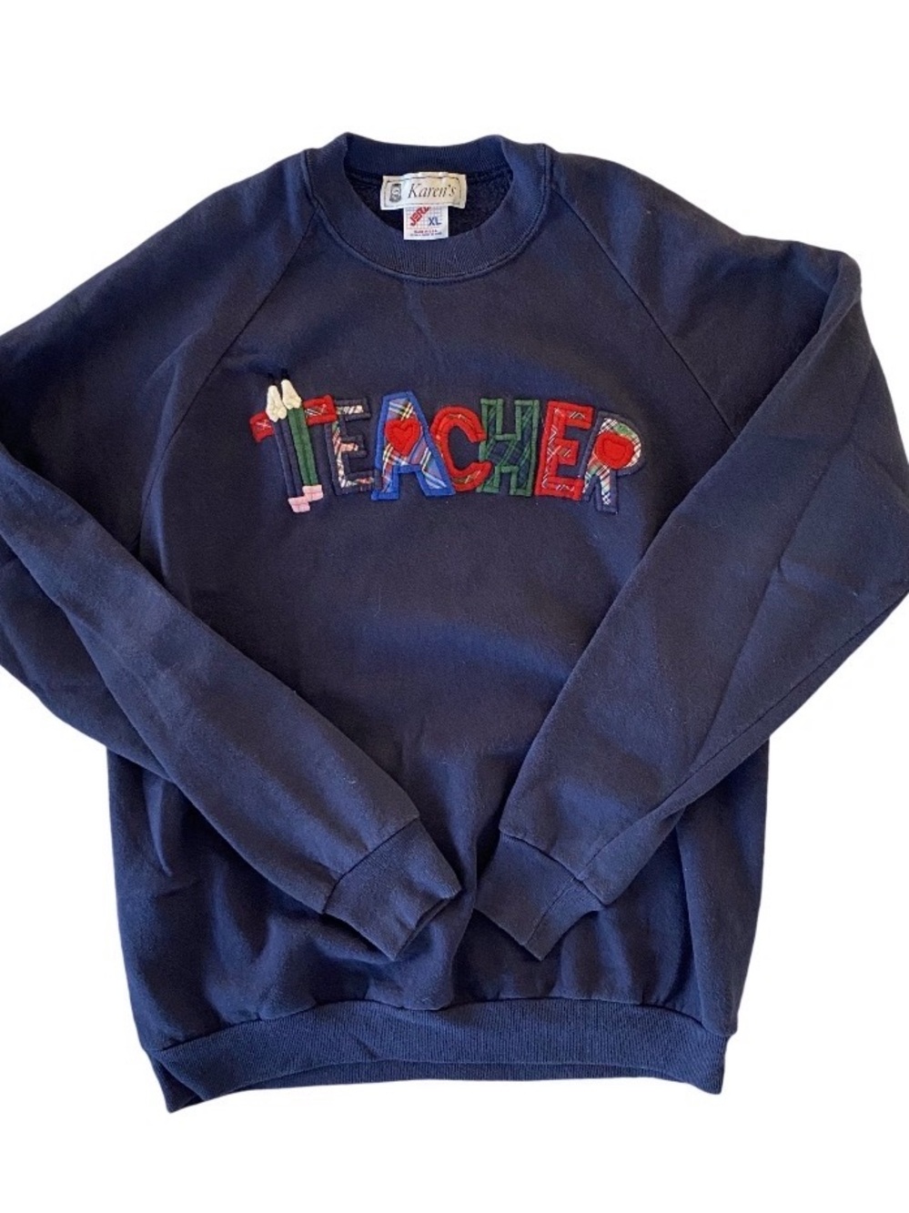 Karen's Navy 'Teacher' Appliqué Crewneck Sweatshirt